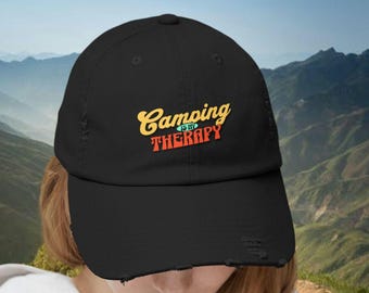 Camping Is My Therapy Hat: Distressed Cotton Twill Dad Cap