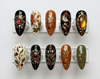 Celestial Autumn Press On Nails | Vintage Boho Inspiration | Glossy Almond Nail Style | Gold Leaf Moon Nail | Gemstone Sun Charm Nail Art