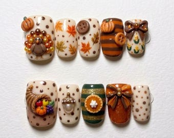 Thanksgiving Press On Nails | Cozy Fall Mood Inspiration | Glossy Short Square Nail Style | Maple Leaf Dot Nail | 3D Turkey Pumpkin Nail Art