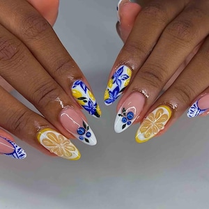 Lemon Blossom Press On Nails | Mediterranean Floralcore Nail Art With Citrus, Blue Porcelain & 3D Fruit | Handmade Long Summer Nail Set