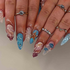 Ocean Mermaid Shell Press On Nails, 3D Starfish and Wave Nails,  Blue Plaid and Shell Design, Summer Beach Nails, Handmade Long Set