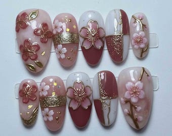 Handmade Elegant Sakura Press On Nails | 3D Cherry Blossom, Gold Foil & Pink Floral Art | Almond Nails For Romantic Spring Vibe