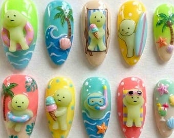 Smiski Summer Beach Multicolor Press On Nails, Cute 3D Hand Painted Charms, Kawaii Y2K Cartoon Nails Set