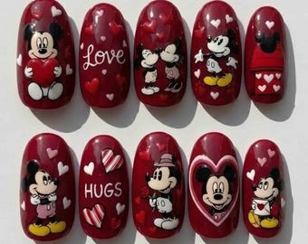 Mickey Minnie Mouse Red Valentine Drücken Sie auf die Nägel, süße handgemalte 3D Herz Kunst, Kawaii Disney Cartoon Nägel Set
