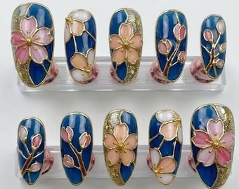 Handmade Japanese Cherry Blossom Press On Nails | Navy Blue Stained Glass Gold Rim | Long Almond Shape For Luxury Spring Wedding Mood