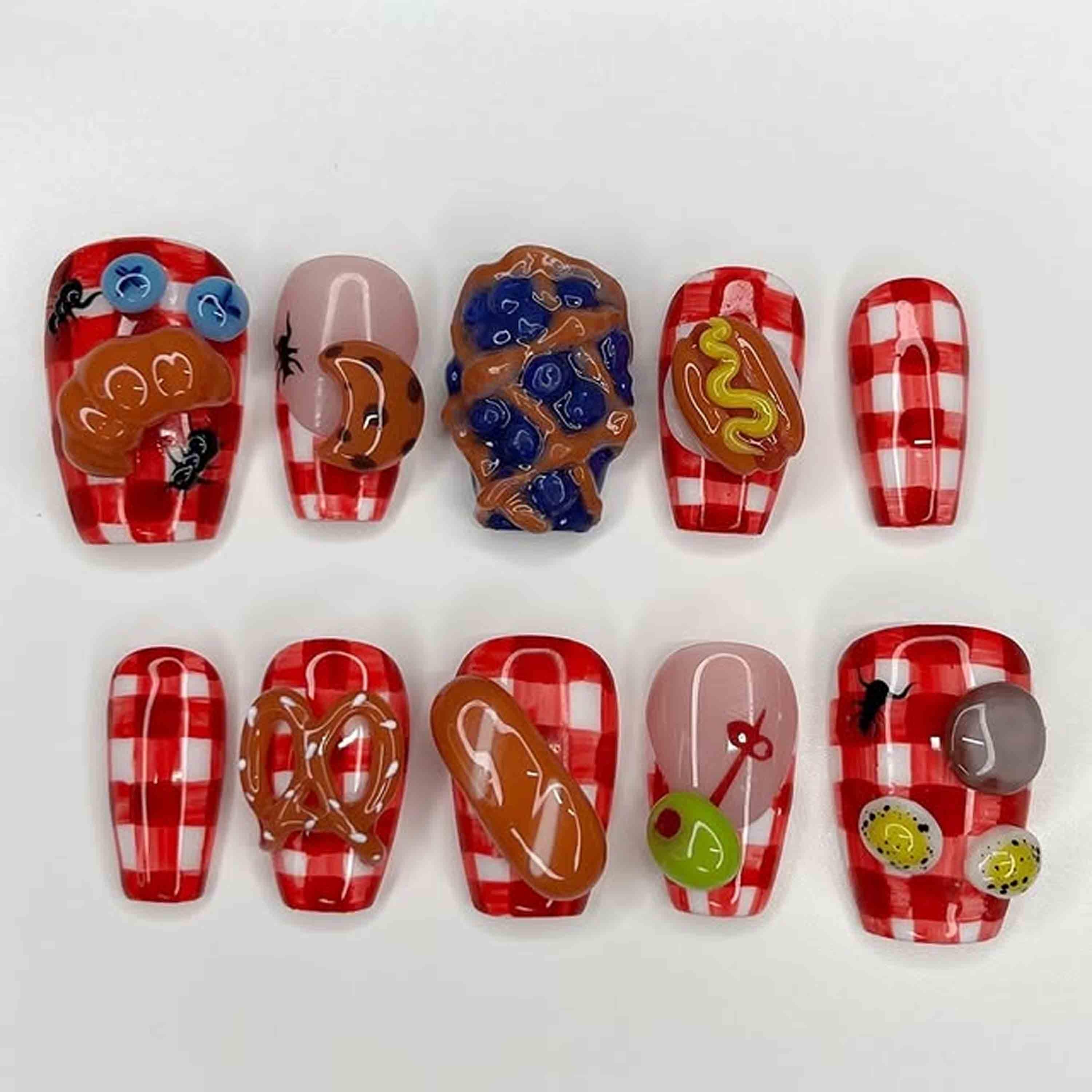 Picnic Food Press On Nails | 3D Hotdog, Croissant, Egg & Pretzel Nail Art | Red Gingham Square Nails for Summer BBQ Picnic Party