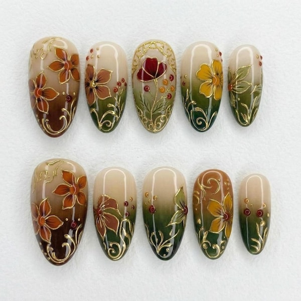 Autumn Botanical Floral Press On Nails | Classic Retro Almond Nails | Green Ombre Gold Swirl Pattern Nails | Detailed Hand painted Art Nails