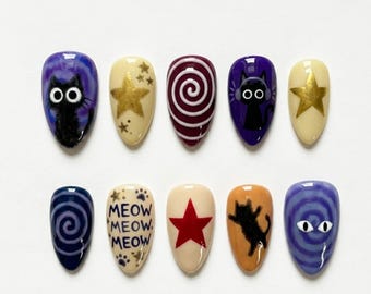 Retro schwarze Katze Presse auf Nägel, Vintage Nägel, 70er Jahre Swirl Stern Nägel, gruselige süße Miau Katze Nail Art Set