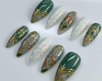 Handmade Art Nouveau Press On Nails: Green Pearl Gold Floral