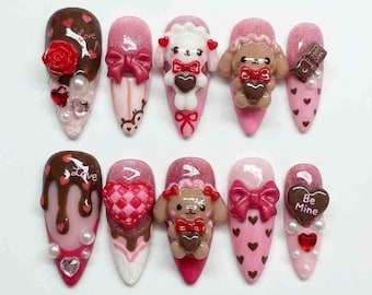 Handmade Valentine Chocolate Press On Nails | 3D Puppy Bear Heart Rose Charms | Long Stiletto For Sweet Kawaii Romantic Date Night Outfits