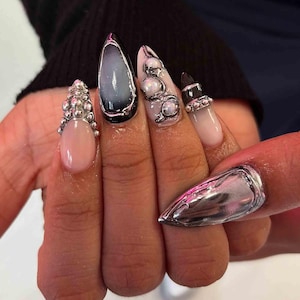 Chrome Orb Press On Nails | Futuristic Metallic Nail Art With 3D Pearls & Silver Texture | Handmade Long Edgy Nail Set