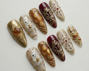 Autumn Halloween Press On Nails | Vintage Fall Fantasy | Gothic Ornate Almond Nail | Spiderweb Ghost Nail | 3D Gold Filigree Art Nail