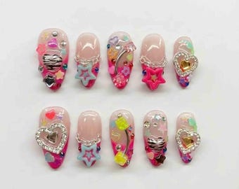 Handmade Y2K Gyaru Press On Nails | 3D Heart Star Charms, Silver Chain & Zebra Print | Medium Almond For Harajuku Baddie Party Vibes