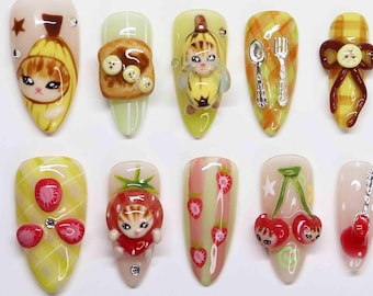Handmade Kawaii Fruit Cat Press On Nails: 3D Banana, Strawberry & Cherry Art