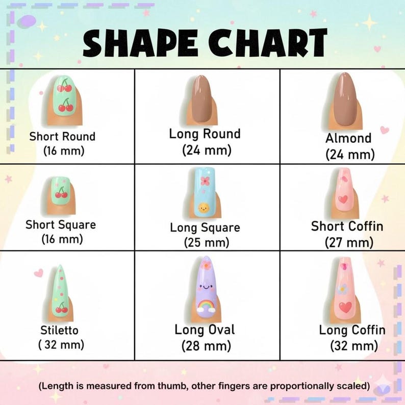 May include: A nail shape chart with nine different nail styles, including Short Round, Long Round, Almond, Short Square, Long Square, Short Coffin, Stiletto, Long Oval, and Long Coffin. Each nail shape is displayed with its length in millimeters.