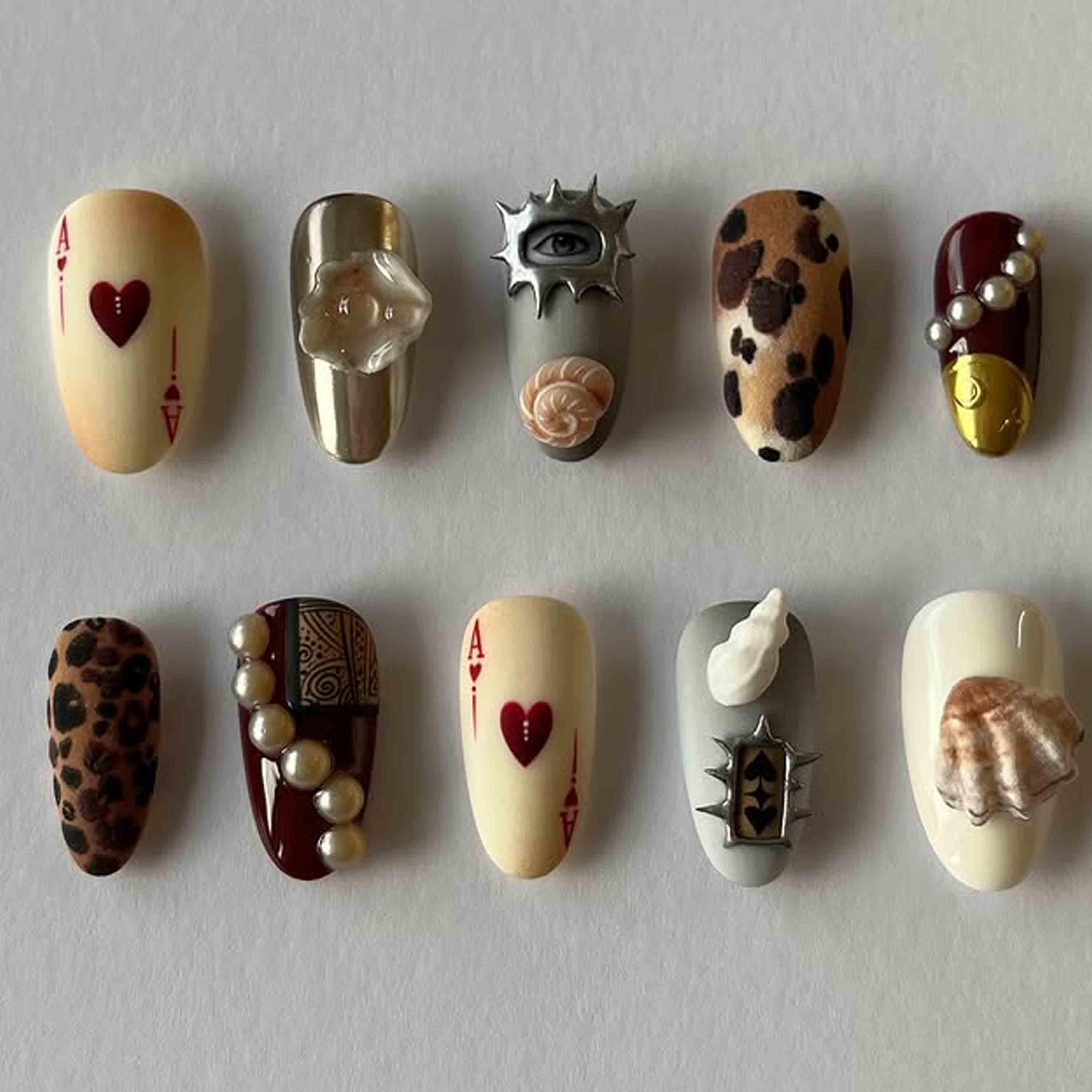 Vintage Casino Press On Nails | 3D Pearl, Leopard, & Card Accents | Matte Retro Oval Nails for Statement Look, Artistic Style
