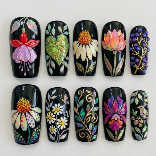 Opal Wildflower Press On Nails | Black Botanical Bird Nail Art | Hand Painted Floral Long Square Nails | Stained Glass Inspired