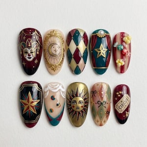 Vintage Circus Press On Nails | Carnival Harlequin Nails with Jester Moon Sun Star Design | Cute Handmade Nails Gift for Her