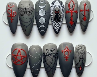 Handmade Gothic Halloween Press On Nails: Black Cat, Pentagram, Matte Grey Stiletto