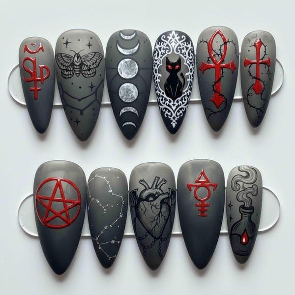 Handgemachte Gothic Halloween Press On Nägel: Schwarze Katze, Pentagramm, Matte Graue Stiletto