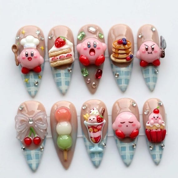 3D Kirby Dessert Press On Nails | Kawaii Pastel Stiletto Nails | Blue Plaid Art Nails | Handmade 3D Charm Nails | Harajuku Cute Nails