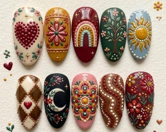 Boho Folk Art Press On Nails | Mystical Nature Vibes | Vintage Cottagecore Almond | Celestial Sun Moon Nail | 3D Textured Gel Nail