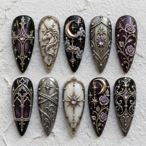 Uñas postizas Dark Gothic Unicorn Cathedral Rose Moon / Uñas postizas 3D Gold Filigree Amethyst Star Black Purple Stiletto