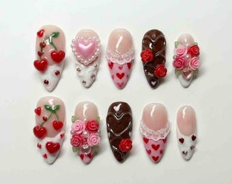 Handmade Coquette Valentine Press On Nails | 3D Rose, Cherry & Chocolate | Medium Stiletto For Sweet Date Night