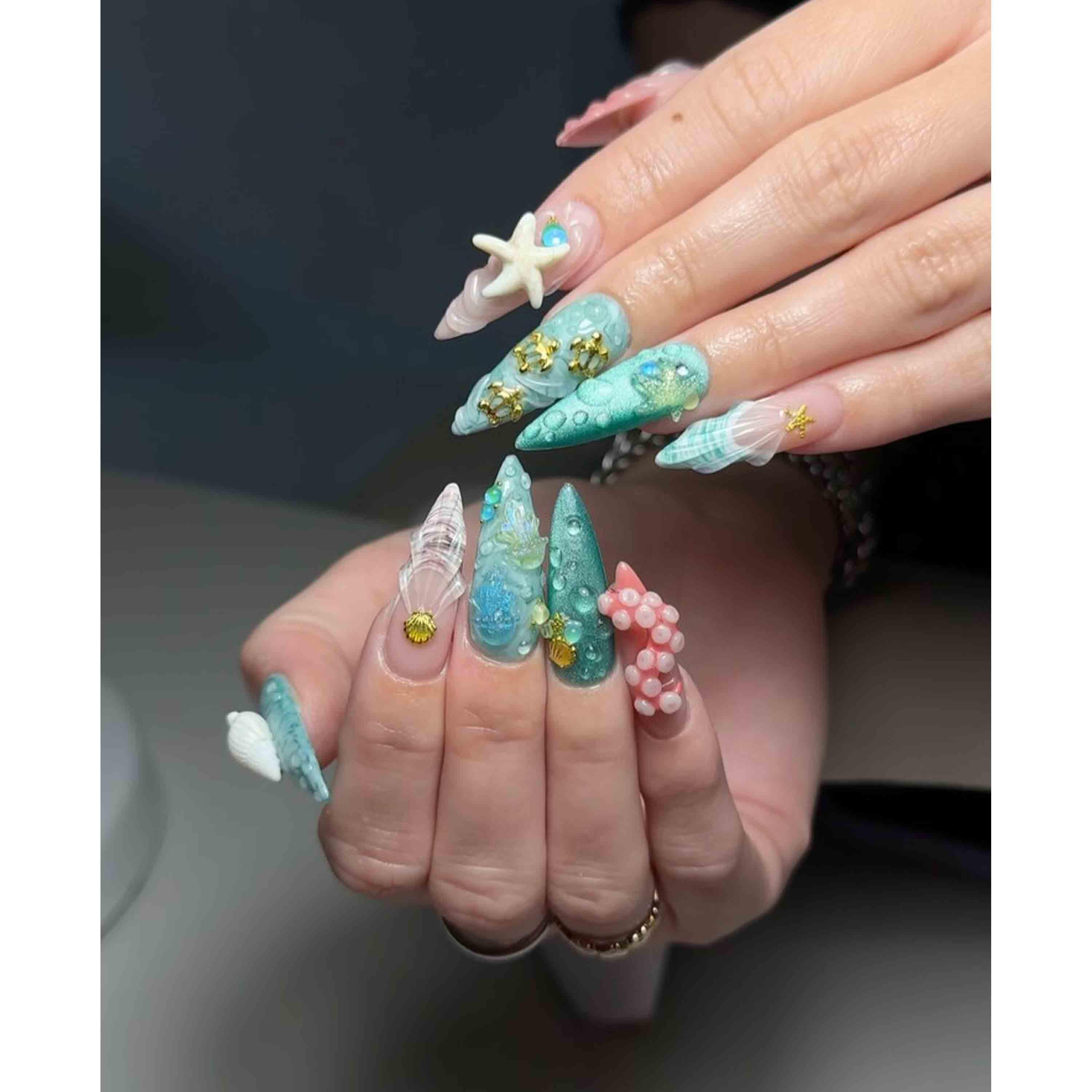 Ocean Fantasy Press On Nails | 3D Octopus, Starfish & Jellyfish Nail Art | Handmade Mermaid Long Stiletto Nails for Beach Lovers