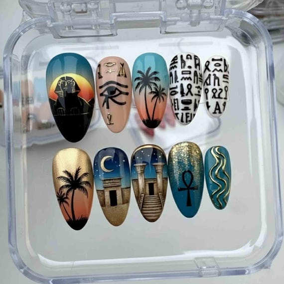 Handmade Ancient Egypt Press On Nails | Sphinx, Hieroglyphs, Eye of Ra & Desert Sunset Art | Long Almond Nails For Mystical Vibes