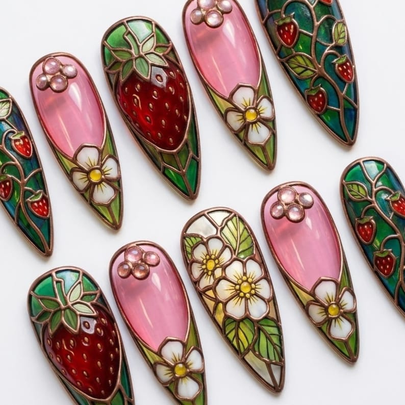 Glasmalerei Erdbeere Drücken Sie auf die Nägel | Cottagecore Mandel Nägel | Blumenrankenmuster Nägel | 3D Handbemalte Nägel | Vintage Kunst Nägel Bild 2