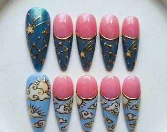 Handmade Celestial Sun & Moon Press On Nails | 3D Gold Chrome Clouds, Stars | Long Almond For Dreamy Whimsical Vibes