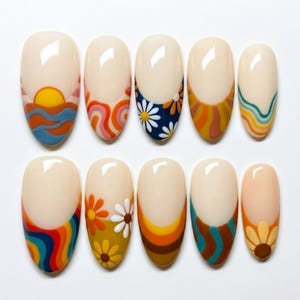 May include: A collection of ten almond-shaped false nails featuring retro designs. The designs include a sunset, wavy patterns, daisies, and a sunflower, in shades of orange, yellow, blue, and brown. The nails have a neutral base colour.