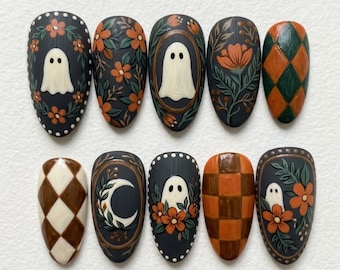 Spooky Cute Ghost Press On Nails | Cottagecore Halloween Vibe | Matte Fall Almond Nails | Orange Flower Moon Nail | Hand Drawn Custom Nail