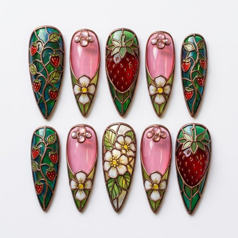 Glasmalerei Erdbeere Drücken Sie auf die Nägel | Cottagecore Mandel Nägel | Blumenrankenmuster Nägel | 3D Handbemalte Nägel | Vintage Kunst Nägel Bild 1