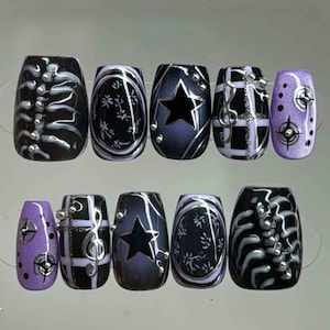 Handmade Gothic Rock Press On Nails | 3D Star, Music Notes & Rib Cage Art | Black Purple Square Nails For Edgy Concert Vibe