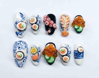 Handmade 3D Sushi Press On Nails | Realistic Salmon Shrimp & Blue Porcelain Art | Medium Almond Shape For Kawaii Foodie, Japanese Style