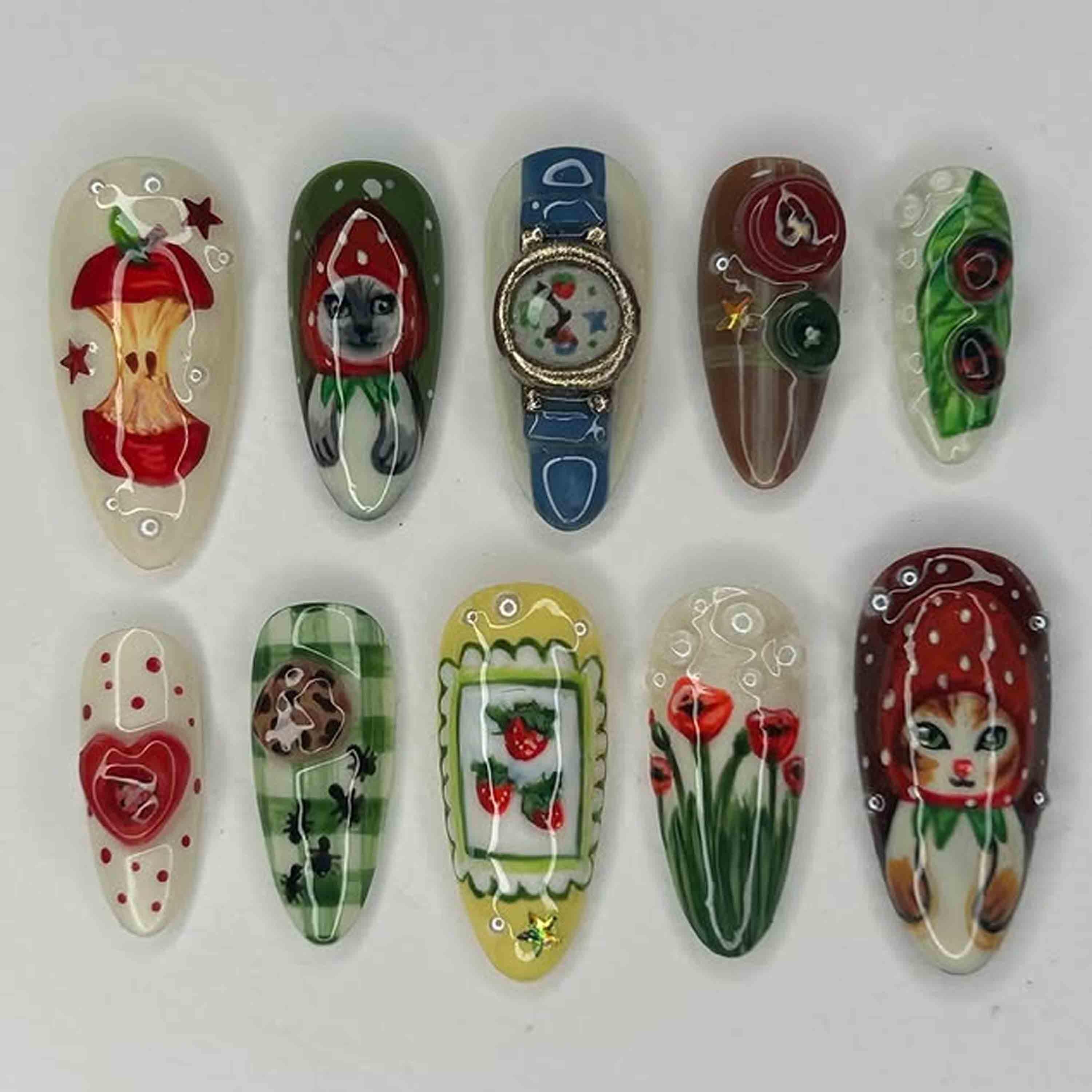 Whimsical Storybook Press On Nails | 3D Cat, Apple & Strawberry Art | Glossy Mixed Colors Almond Nails for Fun Gift or Art Lovers