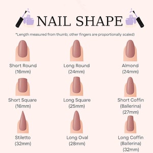 May include: Diagram illustrating various nail shapes, including Short Round (16mm), Long Round (24mm), Almond (24mm), Short Square (16mm), Long Square (25mm), Short Coffin (27mm), Stiletto (32mm), Long Oval (28mm), and Long Coffin (32mm). Text reads "NAIL SHAPE".