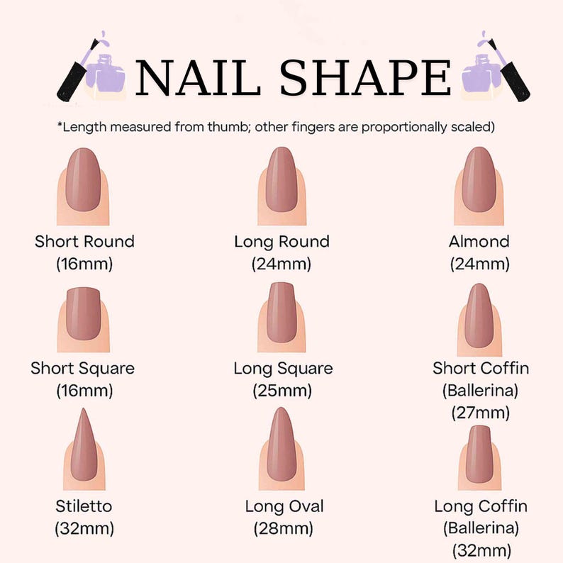 May include: Diagram illustrating various nail shapes, including Short Round (16mm), Long Round (24mm), Almond (24mm), Short Square (16mm), Long Square (25mm), Short Coffin (27mm), Stiletto (32mm), Long Oval (28mm), and Long Coffin (32mm). Text reads "NAIL SHAPE".