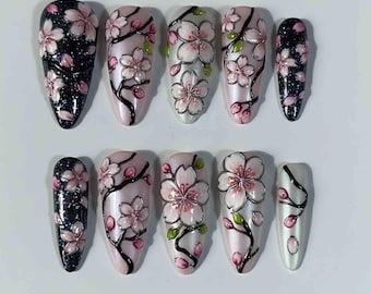 Handmade Cherry Blossom Press On Nails | 3D Sakura Flowers, Pearl Shimmer Art | Long Almond Nails For Elegant Spring Vibes