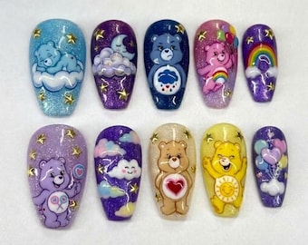 Care Bears Press On Nails | 90s Cartoon Nostalgia | Kawaii Glitter Coffin Nail | Gold Star,  Rainbow Nail | 3D Fluffy Cloud & Bear Nail