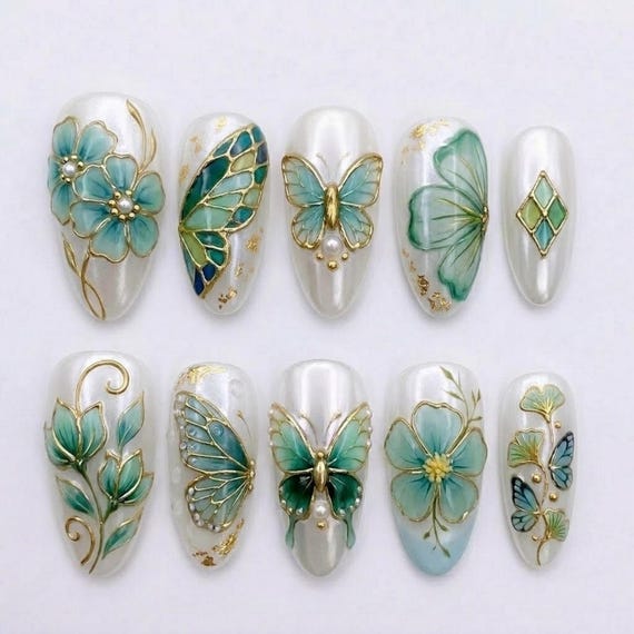Butterfly Floral Press On Nails, Gold Line Art Fake Nails in Long Almond Shape, Handmade Elegant Garden Nail Art Gift