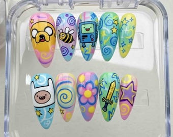 Handmade Adventure Time Press On Nails | Jake, Finn, BMO, Stars & Pastel Swirls Art | Long Stiletto Nails For Playful Colorful Vibes