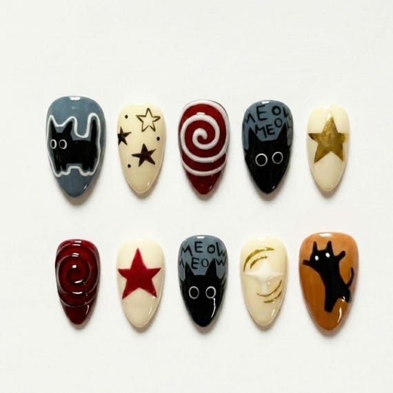 Black Cat Press On Nails | Retro Cute Short Almond Nails | Star, Swirl, Meow & Cat Silhouette Nail Art | Funky Handmade Nails