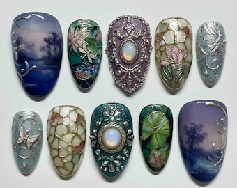 Handmade Vintage Art Press On Nails: Opal Gems, Dragonflies & Stained Glass