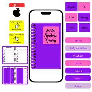 Può includere: Un'agenda digitale per studenti visualizzata sullo schermo di uno smartphone. L'agenda viola ha un'etichetta rosa con la scritta "2026 Student Diary". Altri elementi includono blocchi di materie, note temporali e un calendario.