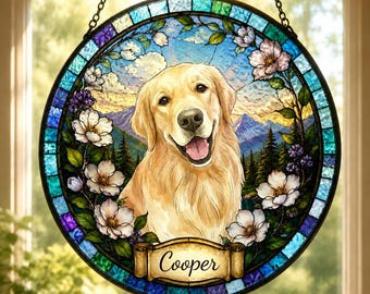 Attrape-soleil pour portrait d'animal de compagnie personnalisé pour chien, Vitrail, Cadeau commémoratif pour animal de compagnie, Cadeaux personnalisés, Souvenir de chien, Décoration d'intérieur, Tentures de fenêtre