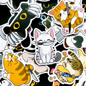 100PCS Black Cat Sticker Pack, Waterproof Vinyl Stickers, Animal Stickers for journaling and luggage, Funny Knife Cat Stickers for Kids