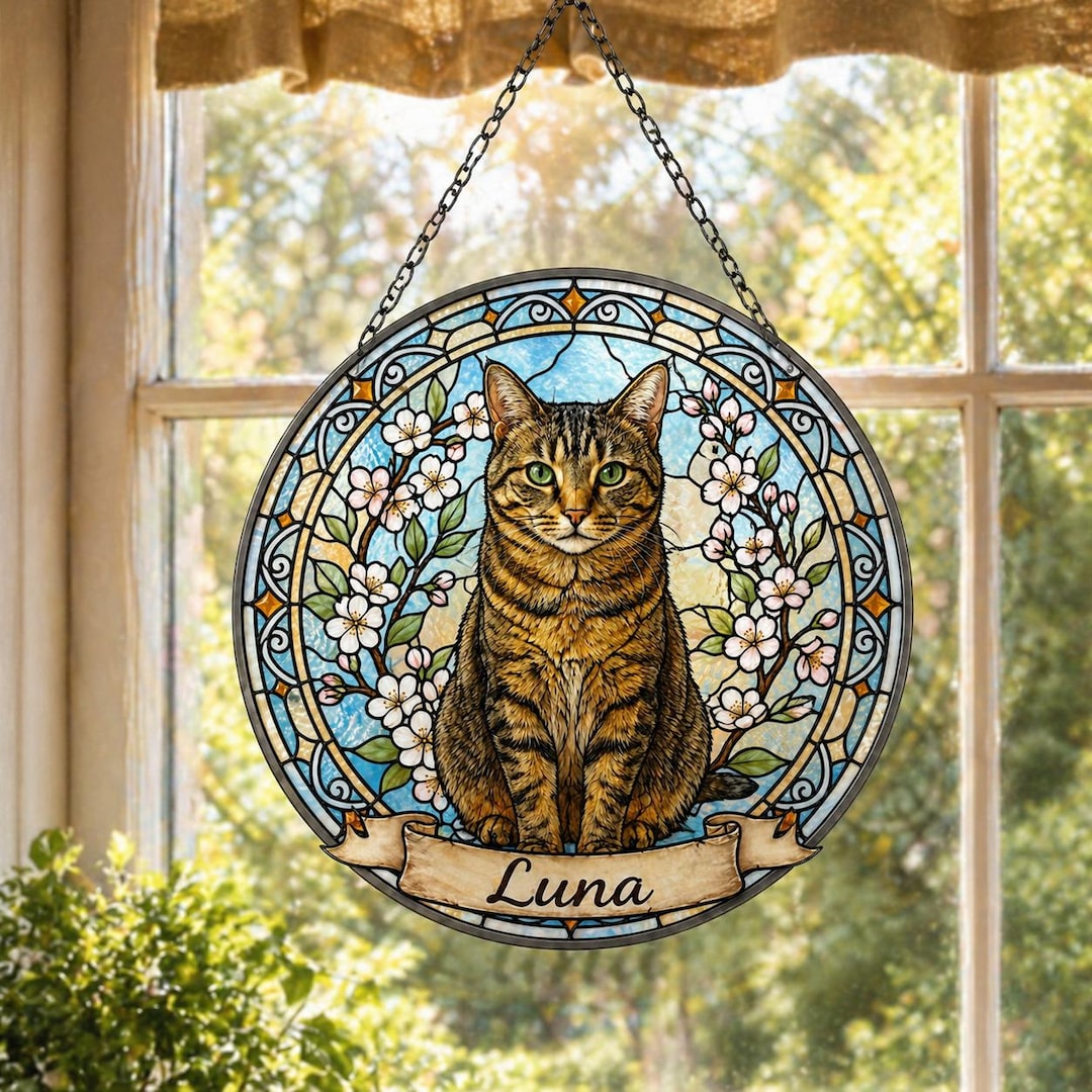 Custom Cat Memorial Suncatcher Gift, Custom Pet Portrait, Cat Stained ...